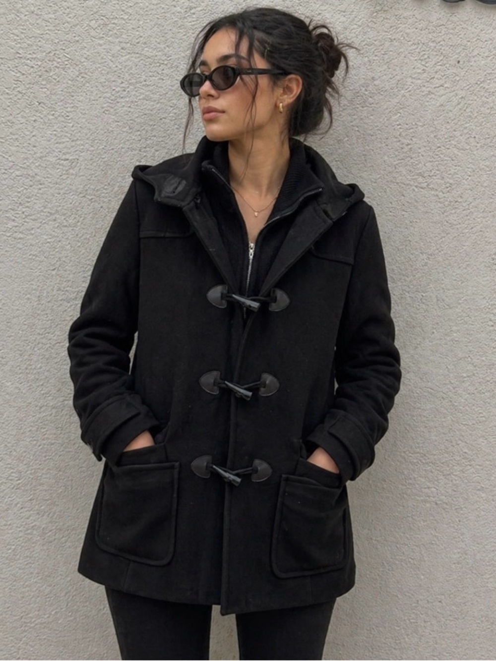 A.N.A black wool blend coat, black, women’s size large. Excellent condition.